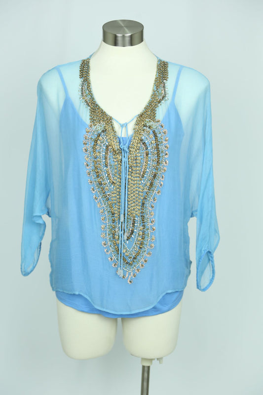 Sky Blue and Gold Chiffon Top